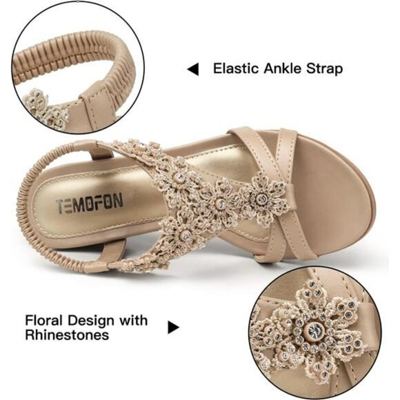 Womens Wedge Sandals Open Toe Platform Floral Rhinestone Dress Shoes Summer - Picture 4 of 7